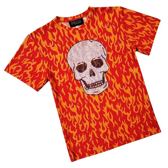 Flaming Skull Men's Flaming-Red T-shirt - Picture 1 of 7